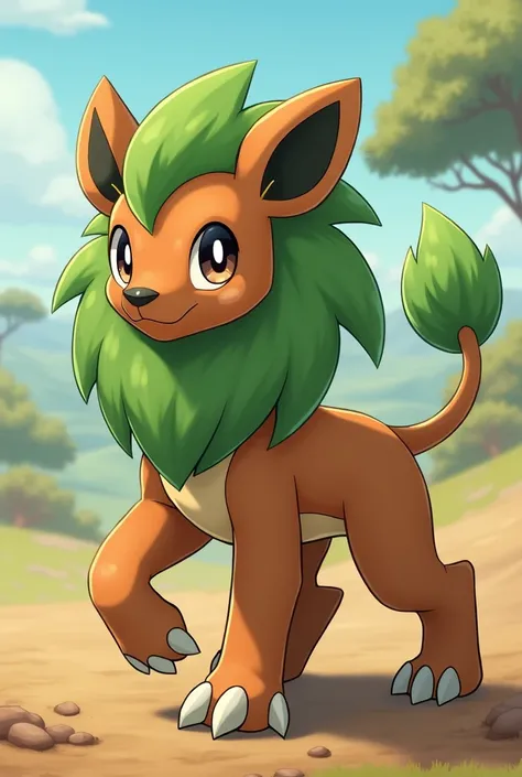  Robust looking Pokémon ,  with brown and green skin ,  reminiscent of the vegetation of the savanna .  It has a mane of tall grass and a tail that resembles a branch of pequi. Its claws are powerful ,  ideal for digging dry soil .  Its eyes reflect the ca...