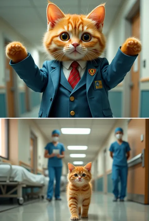 The image is a collage of two pictures. In the first picture, there is an orange cat wearing a blue suit with a red tie and a gold emblem on its chest. The cat is standing on its hind legs with its arms stretched out in front of it. It has a surprised expr...