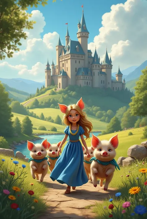 4 little pigs ,  a princess in a blue dress going to the castle
