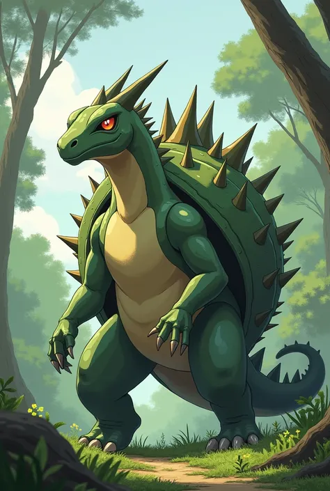 An imposing Pokémon ,  with a body that combines dinosaur elements and the vegetation of the Pantanal .  It has a hard shell and a dorsal crest that recalls the Pantanal Sul-Mato-Grossense.  Its tail is thick and full of thorns ,  like the savanna plants ....