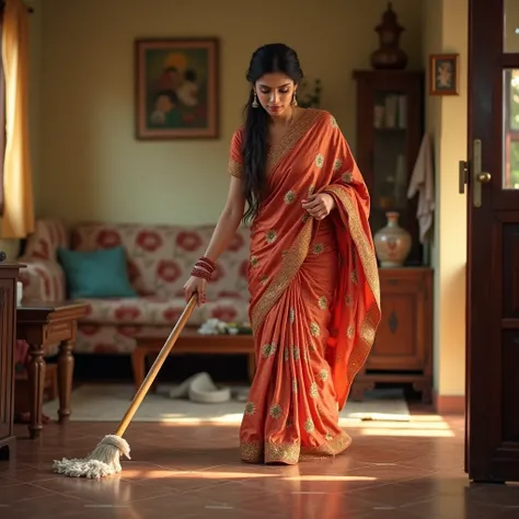 realistic 4k ultra HD quality image, a beautiful girl of 25 years wearing a saree cleaning the floor of the house