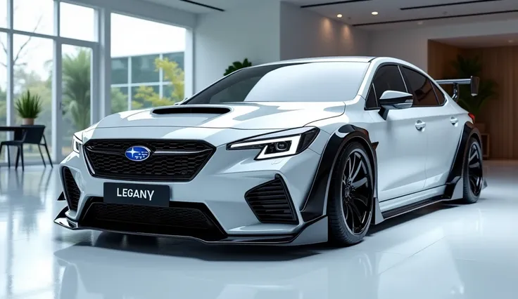 Close Side view of painted White with shiny clour 2025 Subaru Legacy sleek in large shape sedan in large size with Subaru logo on its large detailed grille in shiny white clour with angular sporty design captured from close Side view with modified sleek Le...