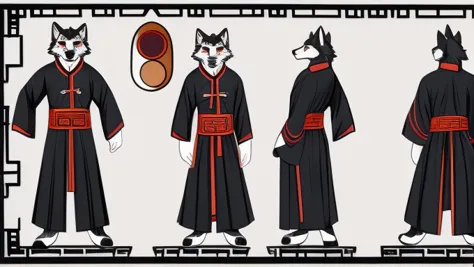 no background、 model sheet of a chinese style  wolf character depicting the same character from 3 angles、 同じキャラクターを3つの角度から描いた,