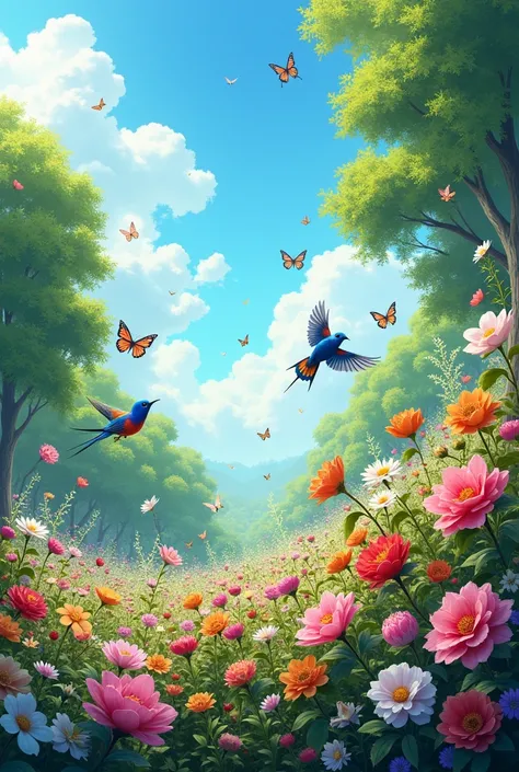 a beautiful flower garden, a bright sky, many birds and butterflies flying around