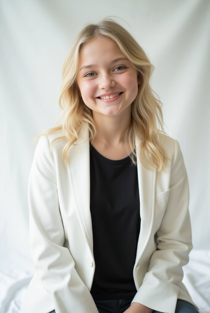 baby fashion model wearing white jacket、Baby Girl、Model poses and smiles,  background blur , movie, smile, Blonde,  Black T Shirt ,fantastic white background