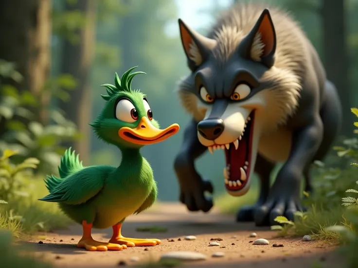 Green duck surprised to see ferocious wolf in front of his realistic 3D Pixar style 