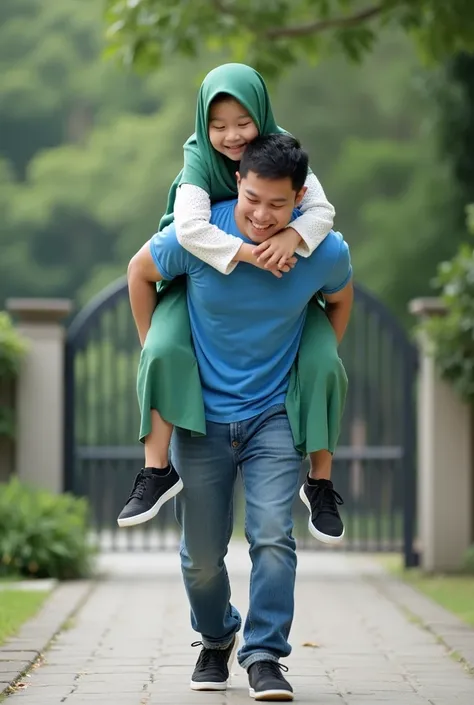 An Indonesian young girl is wearing green hijab, white long sleeved button up shirt, green low waisted long skirt, and black sneakers. The young girl is walking on a footpath while a little bowing. A Korean man is riding on the young girls back. The mans l...