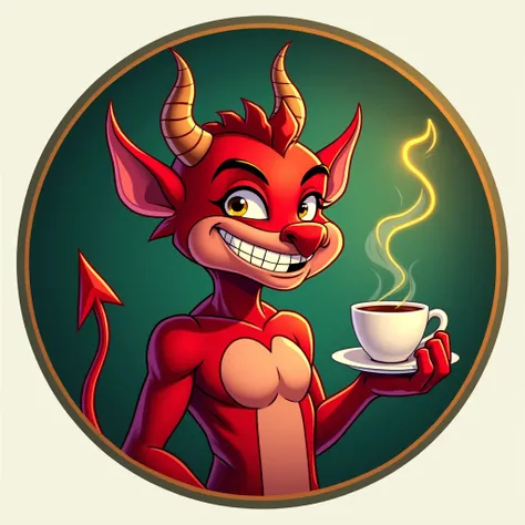 A WhatsApp groups logo with the name "Café Carrington". Theres a picture of cute red devil holding coffee cup. The logo has green and gold colors.