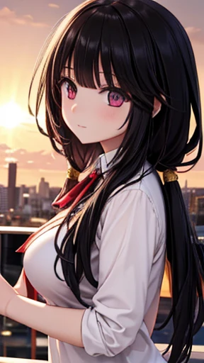  1 girl, Clock Eye, 8k, Office Background, golden hour, big breasts、 black hair long hair, big breasts、