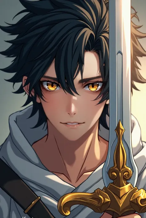  A young man with black hair and yellow eyes,  he holds a white sword with gold details .  His countenance is calm and his hair is short , although messy . i.e.,  I WISH IT WOULD GENERATE THE IMAGE OF A BLACK-HAIRED, AMBER-EYED MAN HOLDING AN EXCALIBUR-LIK...