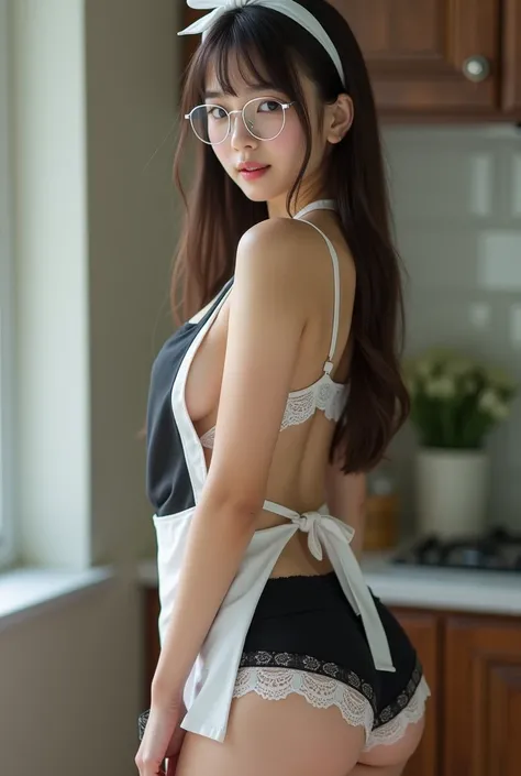 18-year-old Thai girl, beautiful, cute, fair skin, natural and realistic, long straight dark brown hair, soft and beautiful, big round eyes, dark brown eyes, plump figure, natural large breasts

The clothes she wears are a small black and white apron of he...