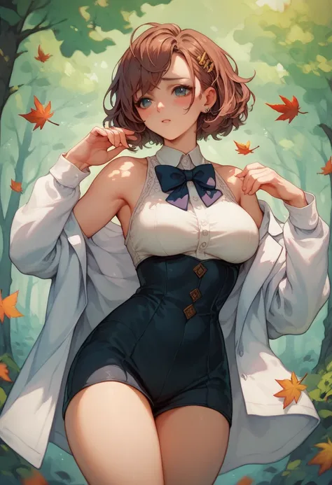 1girl. Anime image, medium sized breasts, medium sized thighs, sexy, shy, ( suit made of leaves ), forest background   