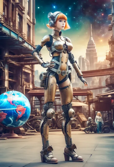 Mecha Girl，  Mechanical Dolls Standing in Front of a Picture of a Planet,  Retro City Background ,A perfect mechanical body,  Interrelated Human Life Forms ,  Panoramic View of Mechanical Female Dolls  ,Victorian steampunk， Infinite Dreams , Stardust, gala...