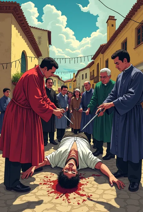 Make a coloring picture of the book Chronicle of a Death Foretold where you can see the vicars stabbing Santiago Nasar and that the background is a town 