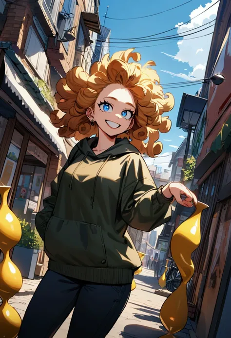 My hero academia, girl with long yellow messy curly hair, blue eyes, smiling, tall, hourglass figure, street clothes