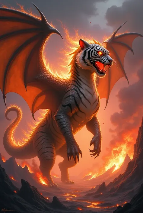 "A monstrous hybrid fusion of a dragon and a tiger, seamlessly combining the dragons scaled body, massive wings, and fiery aura with the tigers muscular frame, sharp claws, and fierce striped pattern. The entitys face is a terrifying blend of a dragons elo...