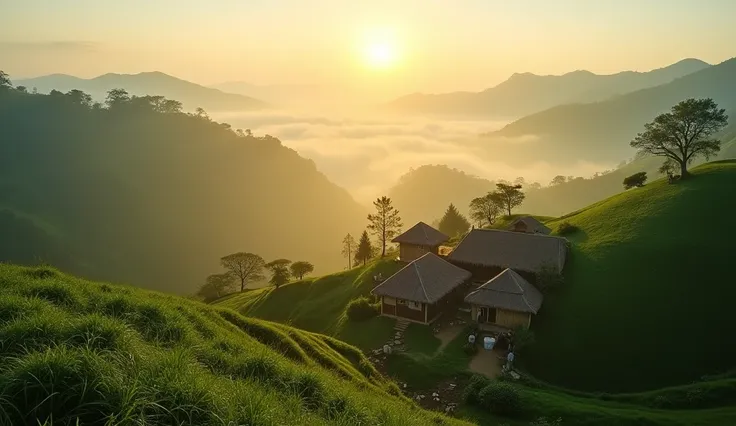 Wide panoramic shot of the Garo Hills, with rolling green hills and misty valleys in the early morning light. The sun is just rising, casting soft golden hues over the landscape. The camera slowly zooms in on a small village nestled in the hills, showing s...