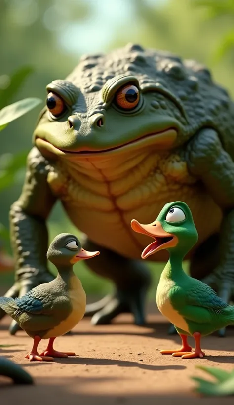 Green duck surprised to see ferocious giant toad in front of his realistic 3d Pixar style 