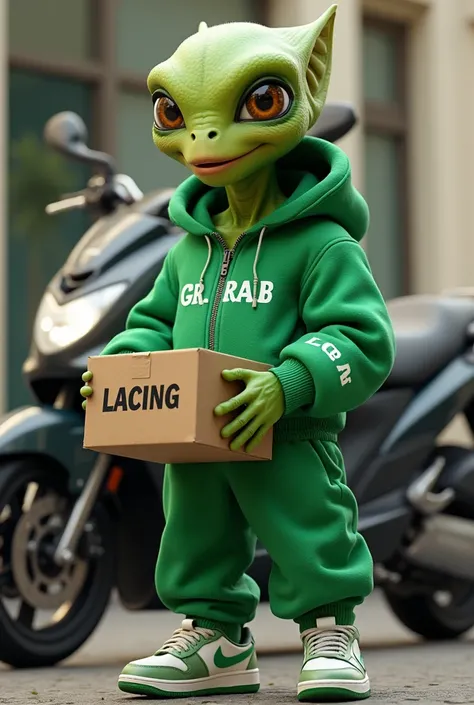  An alien wearing a green jacket bearing the name  "grab"  white print on the side of the jacket ,green jogger pants bottoms, wears Nike shoes , is standing holding a cardboard box with a name"lacing",with a smile, looks real ,motorcycle background.