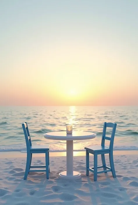 White sandy beach
Calm sea with small waves

Sun setting in the horizon

Front forward view
Bistro table and 2 chairs in pale blue
