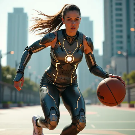 woman player Waring a Ironman costume playing basketball