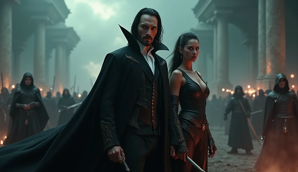 Keanu Reeves as Dracula standing with his girlfriend ready for war. 