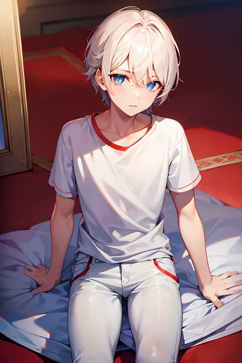 teenage boy in a white tunic and red denim pants, (beautiful eyes), (soft+cute), ((best quality)), ((masterpiece))