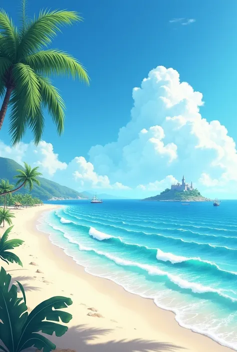 on the beach, with waves and ships, and a clear sky, there are 1 coconut trees, and there is an island in the middle of the sea