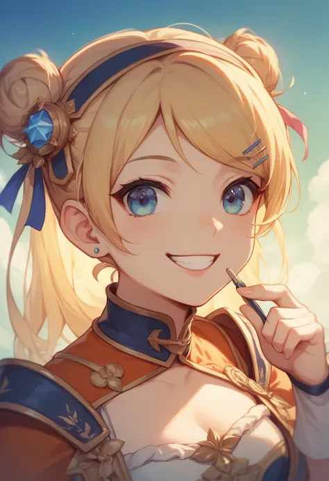 Japanese anime-style 、kawaii,Animation-style screen capture,smiling young girl with long blonde hair, dressed as an adventurer in a fantasy world. She is depicted holding her hair with one hand as if a breeze is blowing, adding dynamic movement to the scen...