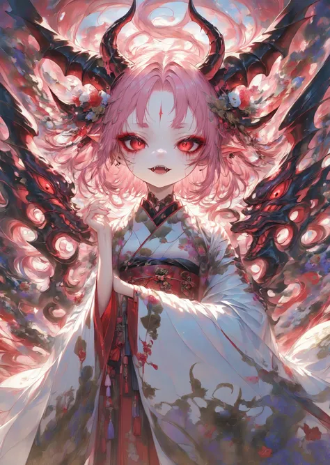  Masterpiece, high quality, high resolution, 16k, detailed background, hyperrealistic, digital painting, dark fantasy, demon girl, petite, long shiny pink hair, demon horns, demon fangs, red eyes, long ears, long eyelashes, clean skin, clean legs, kimono, ...