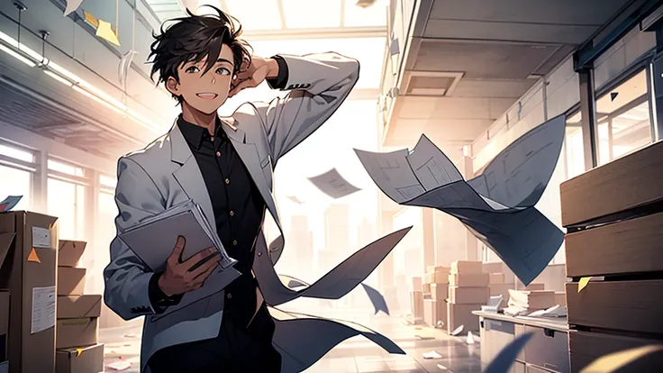  a young man throwing documents at the office and leaving work with a radiant smile, paper scattered and dancing in the air ,In the background is a person with a surprised expression 々,The young man holds his right hand high