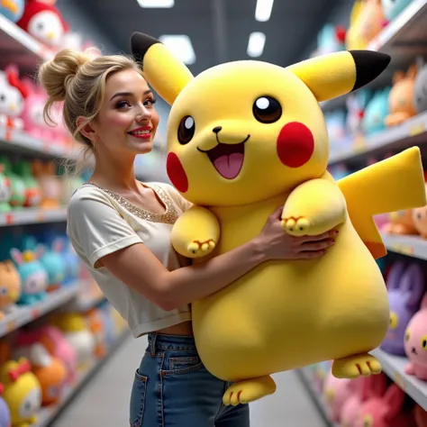 Create an image showing a 22-year-old blonde girl holding a large Pikachu plush,  at a .  She is wearing a white t-shirt with shiny details and high-waisted jeans .  Her blond hair is tied in an elegant bun , and her makeup is striking ,  themed merchandis...