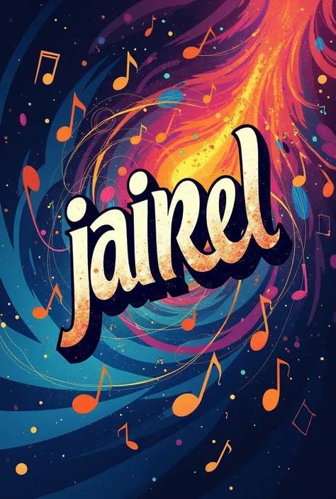 the word "Jaime D" surrounded in mystical vortex of brilliant colorful music notes in the graffiti style 