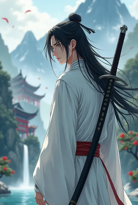 (photorealism:.5), Chinese historical anime man back back only showing side of his face with long black hair, wearing plain white robes, 2 sword in his back one covered in black cloth and one covered in white and in background ancient Chinese temple and a ...