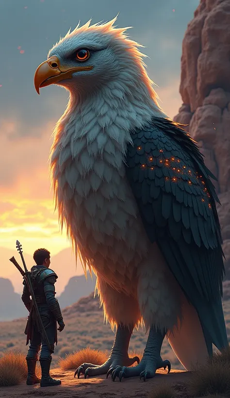 photorealistic digital painting:  an American warrior of 1 ,5 m tall ,  dressed in armor that mixes futuristic and Native American elements ,  is next to a majestic creature of 3 ,5 m tall ,  vaguely avian , of myth and legend .  This creature is a mix of ...