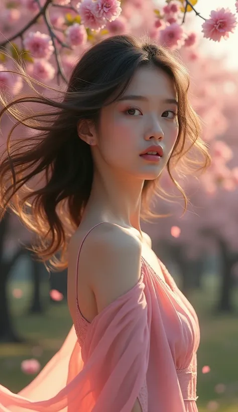 {{{  Masterpiece }, }}, { Highly Detailed CG Unity 8K Wallpaper }, wonderful,  fine-grained, Alone, {{Floating Hair}, }, {{cherry blossoms}, }, Outdoor, null, {{wind}, },  detailed background,  beautiful detailed eyes ,  see-through : evening dress:0.3,  c...