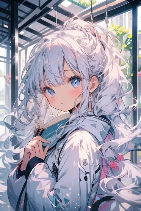   Silver Hair、  long hair、 cute女の子、 cute、Canton 、Read a book、Quiet、Look up、、  white dress 、  hoodies  、White Orchids  、、Anxious