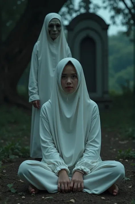  A beautiful Indonesian woman in white wearing a hijab slightly chubby face smiling sweet look of teeth ,  muddy white long sleeve blouse shirt barefoot sitting with a woman creepy figure her hair is messy and the length of her face pale standing under a l...