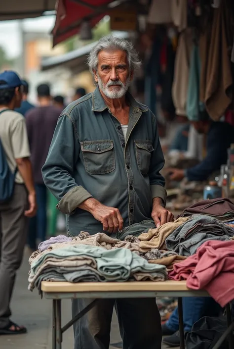 I want a photo of a person selling used clothes, a very discreet photo 

