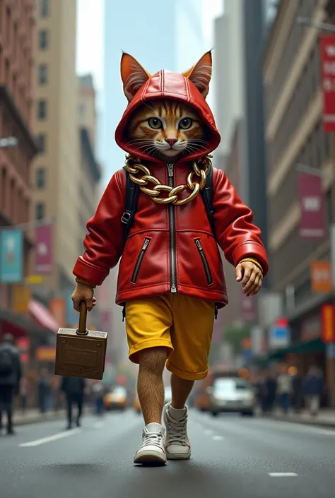 A young middle age boy, cat head and face, hammer hands, wearing red leather hoodie, Thick gold chain, yellow short, white shoes, unique fashion, walking NewYork city. 