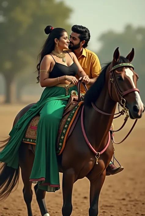 Plus size Indian aunty wearing a green long petticoat and a black  bra. She is riding on the back of a horse with her husband. Her husband is also sitting on same horse. Aunty is sitting in front of her husband facing him . She is facing her husband. Her h...