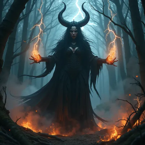 Prompt:  “Lightning fire , smoke,  epic scene featuring a dark goddess , bright, enevoada,  photorealistic uhd ,  an authentic mad and furious psychotic wearing a black costume outfit and complex gothic makeup,  do some dark magic in the forest ,  full bod...