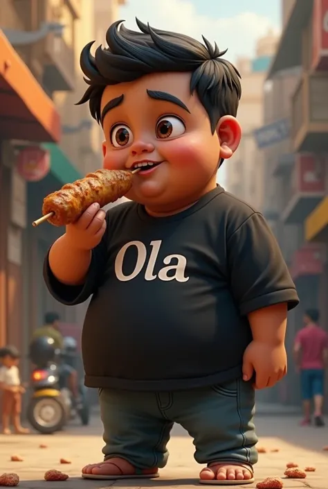 very very fat young muslim boy with a durum kebab and a black shirt that says OLA