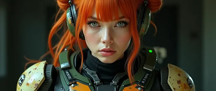 Frontal shot of the bust from the front in foreshortening, standing, very technological, Perfect image, 8k, of a woman with orange-red hair with two buns tied to the sides of her head, very long and wavy hair, with bangs, absolute beauty, very detailed gre...