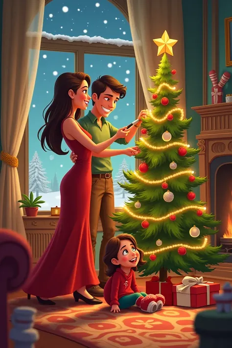  Living room at home with Victorian decor . Cartoon style couple 2d ,   woman in long dress and heels with screwdriver in hand  ,  the 14-year-old girl on the ground under the Christmas tree with Christmas sweater and slippers.  Front face cheerful and amu...