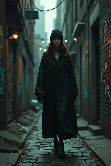 (unparalleled masterpiece:1.2, best quality),
ultra detailed, high quality, intrincate details,
high detailed skin, woman in long clothes walking in a dark alley, beanie, graffiti, big city
