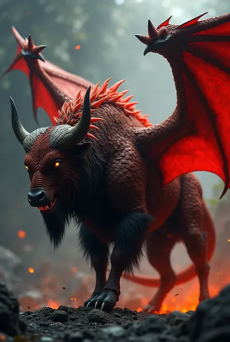 Give a  image  ANIMAL hybrids image of  bison and dragon . Dark and highlights background. Danger img. Back side . Danger face. Habby body image.  Action photo. Red dragon. 