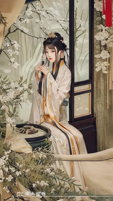 Ancient Chinese beauty, wearing Hanfu, head accessories, gorgeous clothes, sitting in front of the window with a calm expression