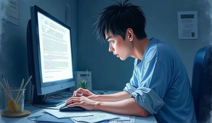  the saw heading to the computer in a dim room （３0 years old、male、  Japanese）。 a medical site is displayed on the monitor 、 the characters for chronic myeloid leukemia appear 。She has a pale complexion 、Eyes wide open、 have half-open mouth 。Black hair is d...