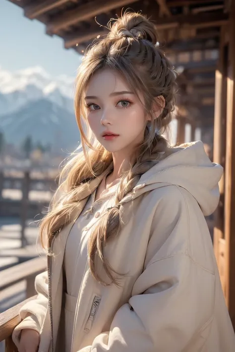 (((Best quality, 8k, Masterpiece: 1.3)), ((best quality)), ((masterpiece)), (detailed), perfect face, perfect body, (detailed skin:1.3), (intricate details), streaked hair, braided ponytail, Light khaki mountain parka, outerwear, womens, fleece, hood, outd...